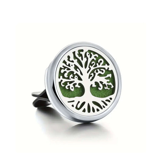 Silver ring car air freshener disc with a tree of life design on a white background