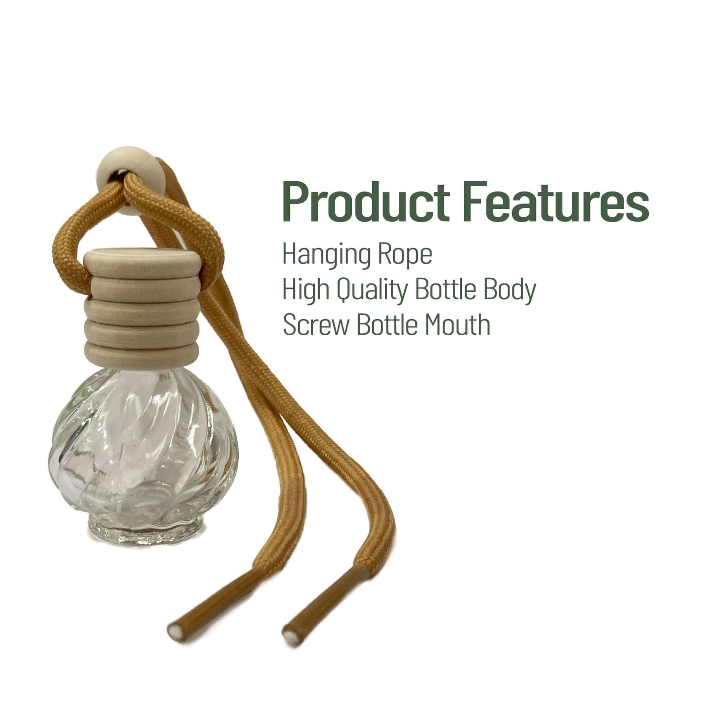 Clear glass car air freshener with hanging rope on a white background