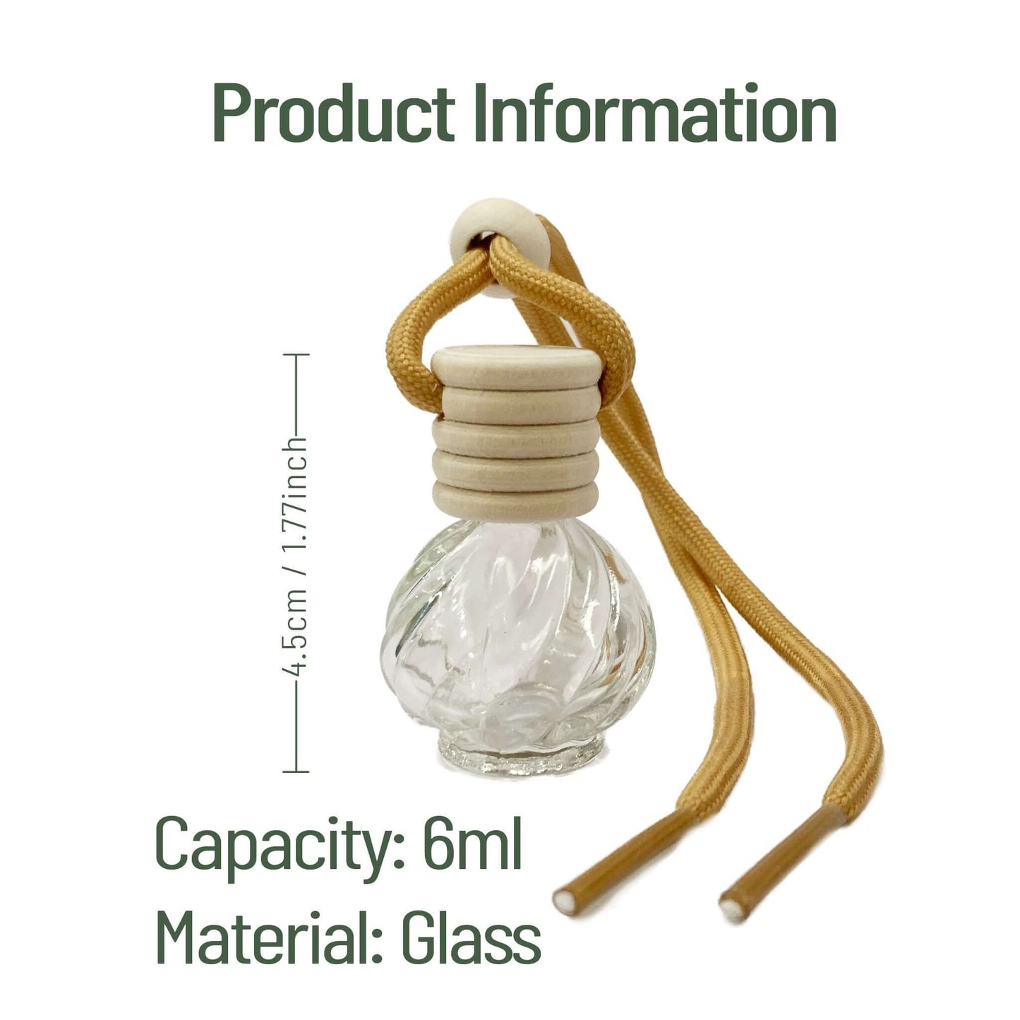 Glass car air freshener with a yellow rope on a white background, showing product information.