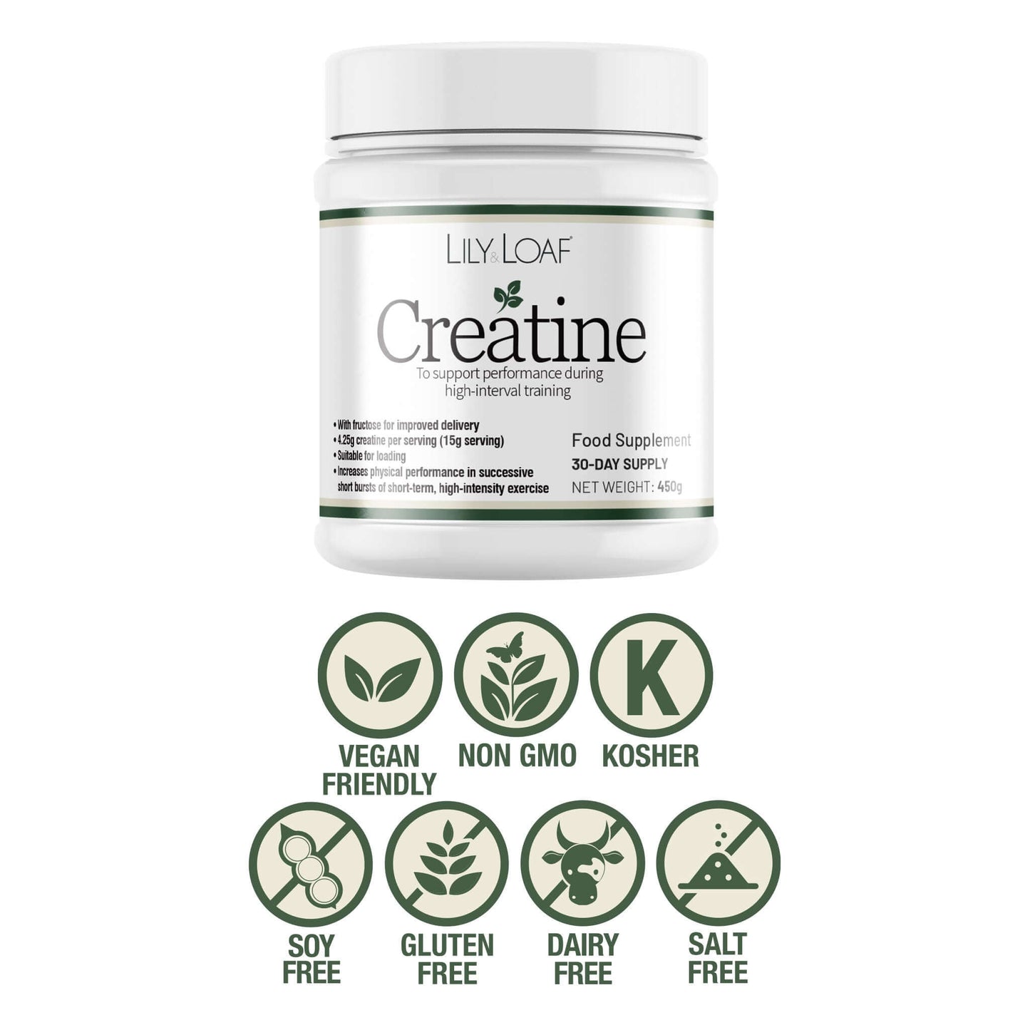 Lily & Loaf Creatine supplement container with certification icons on a white background