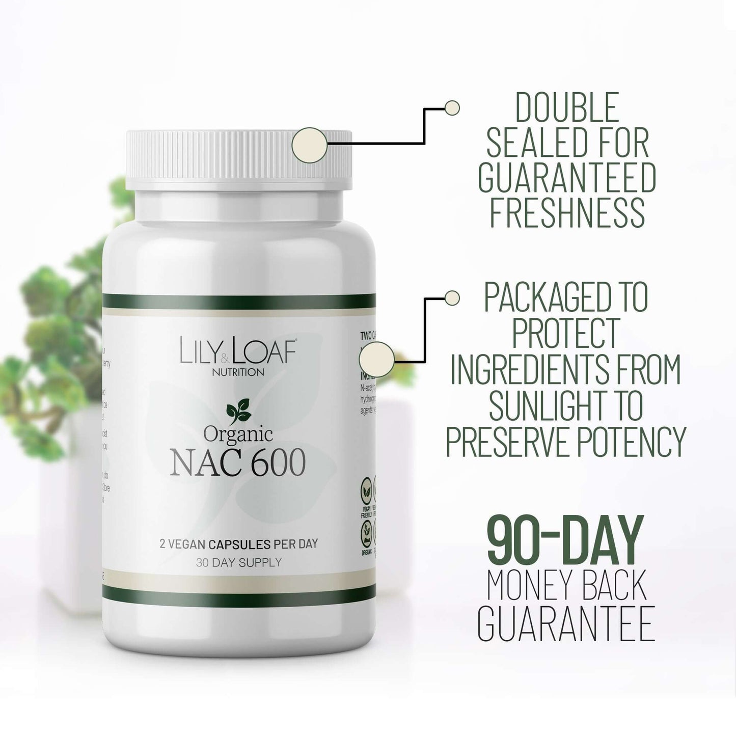 NAC 600 packaging information and 90 day guarantee