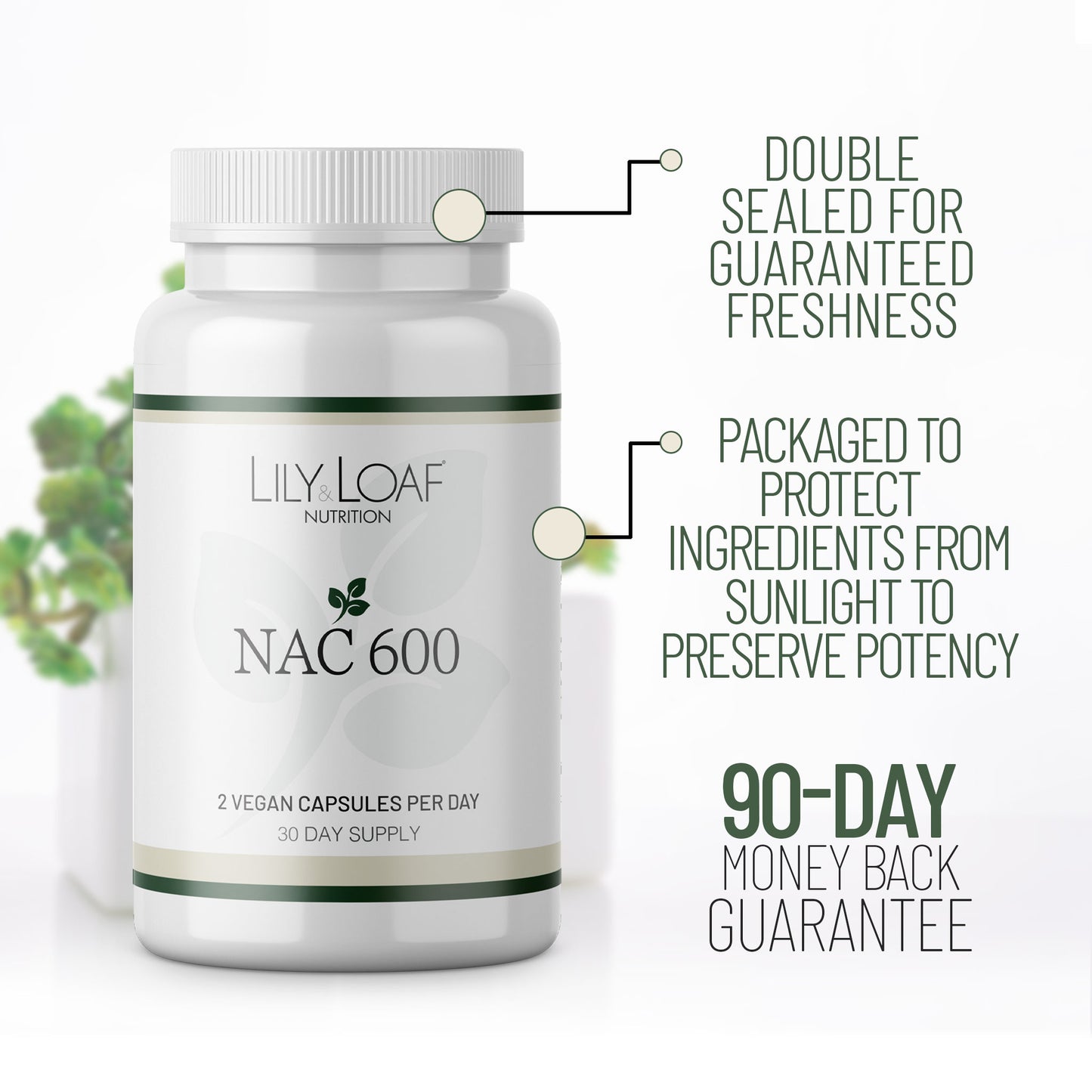 A white bottle of Lily & Loaf Nutrition NAC 600 capsules with text callouts on a white background.