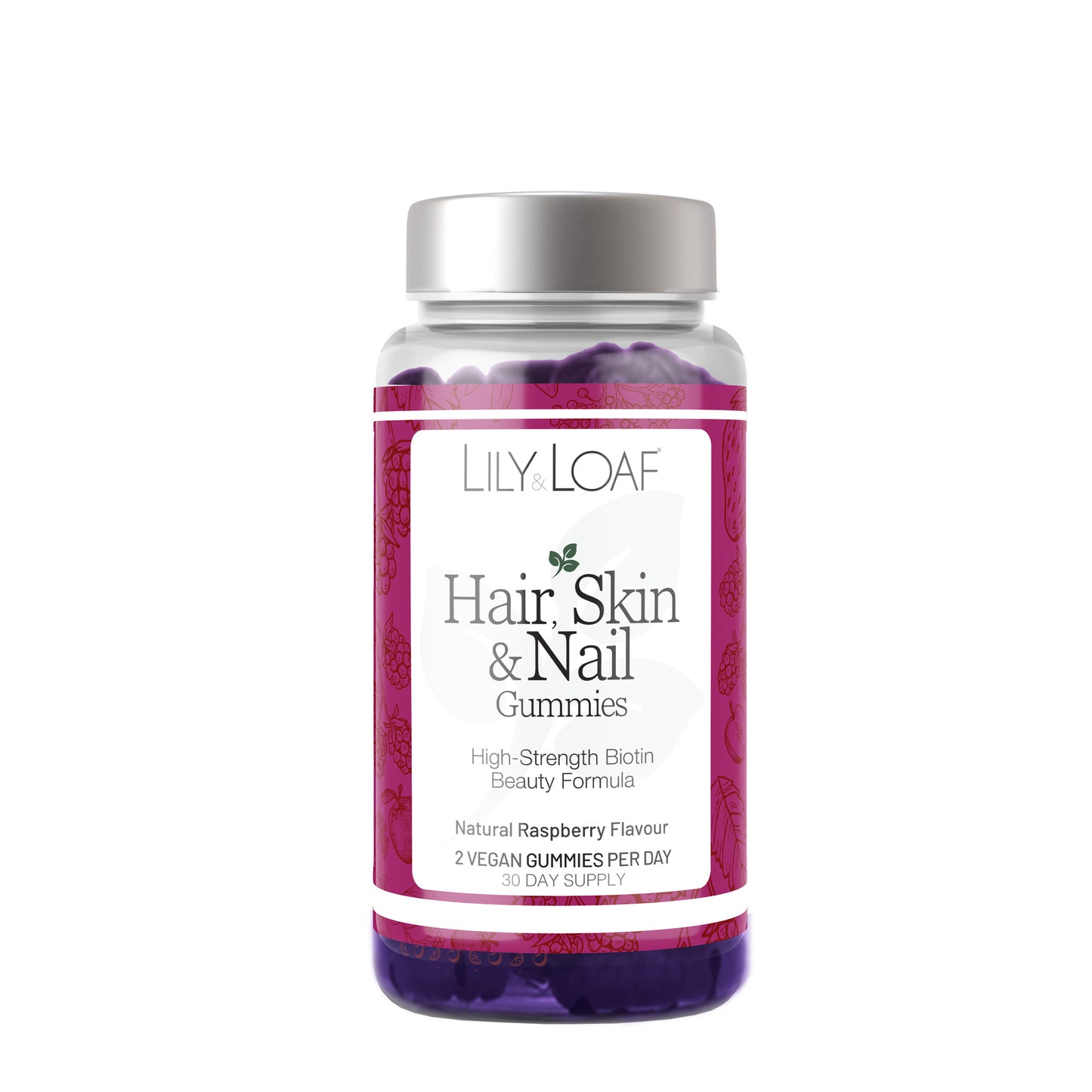 Bottle of Lily & Loaf Hair, Skin & Nail Gummies on a white background