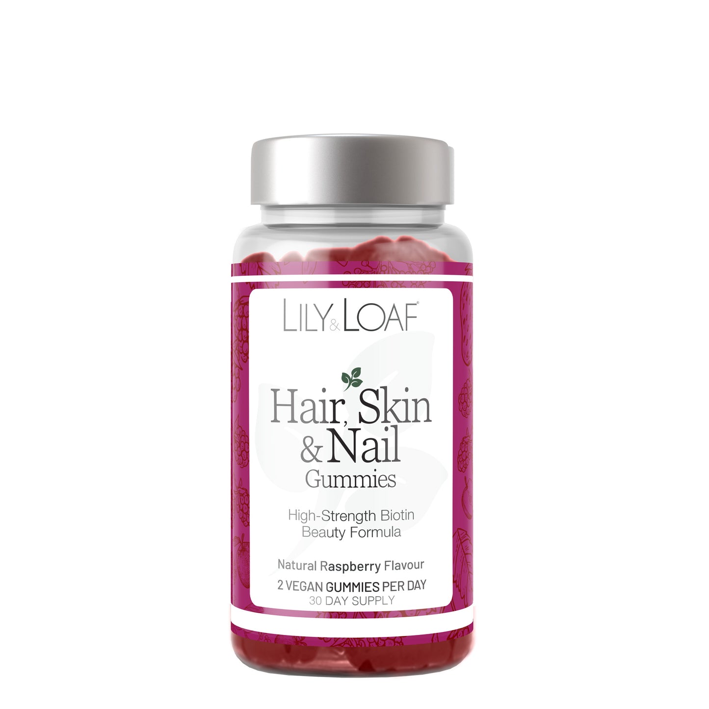 Bottle of Lily & Loaf Hair, Skin & Nail Gummies on a white background