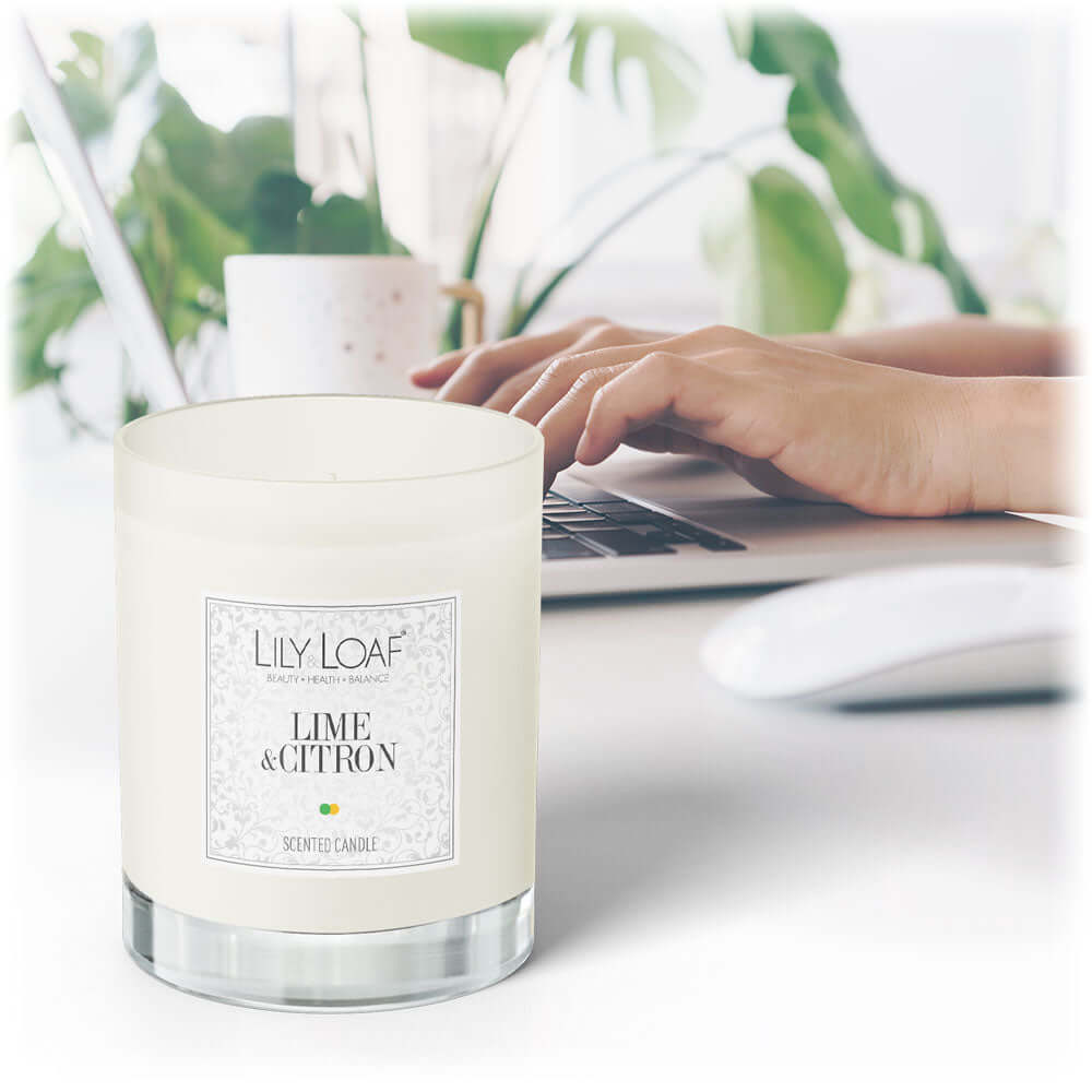 Lime & Citron Soy Wax Candle stood on office desk
