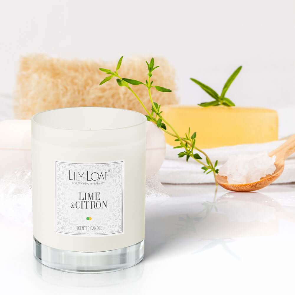 Lime & Citron Soy Wax Candle in a bathroom