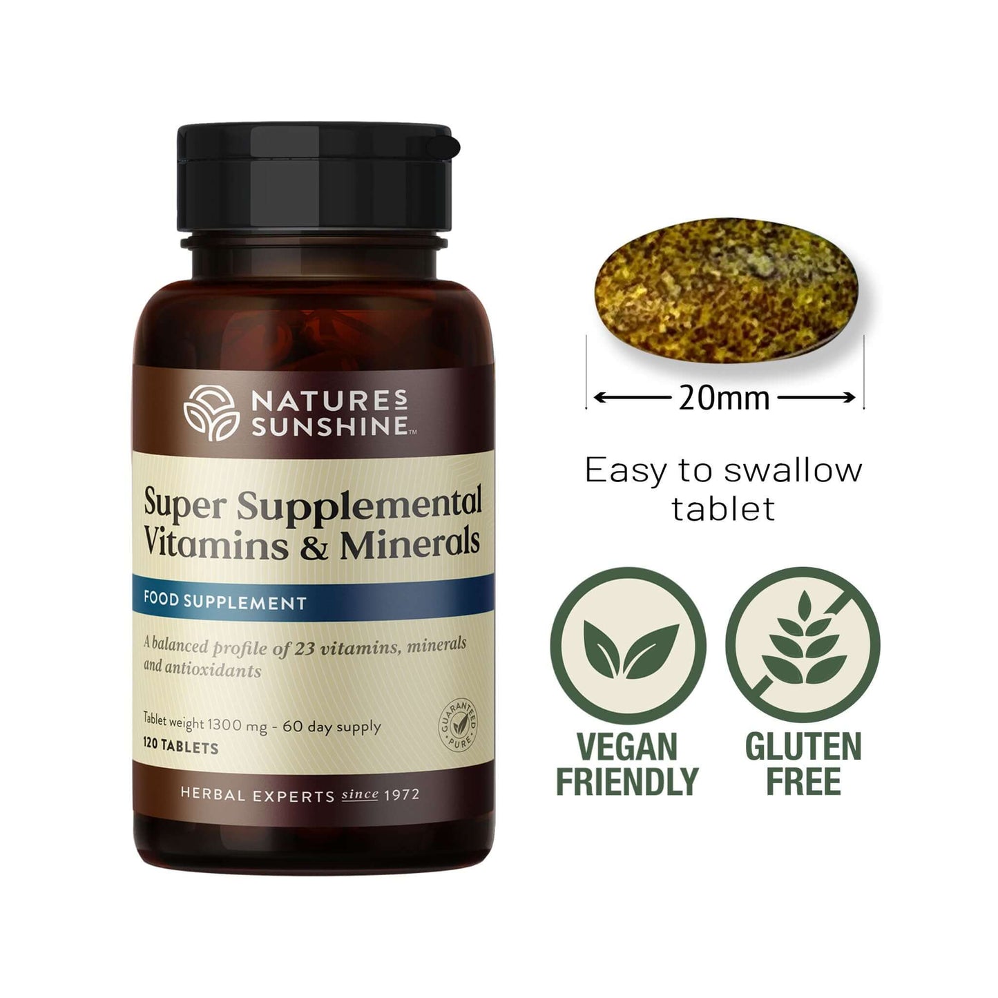 Nature's Sunshine Super Supplemental Tablet size and allergen free information