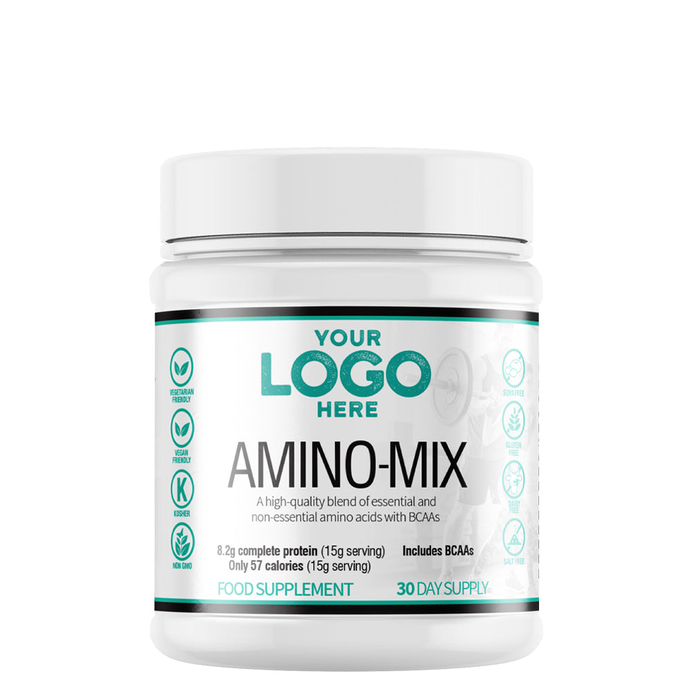 Amino mix supplement container with customizable logo on a white background