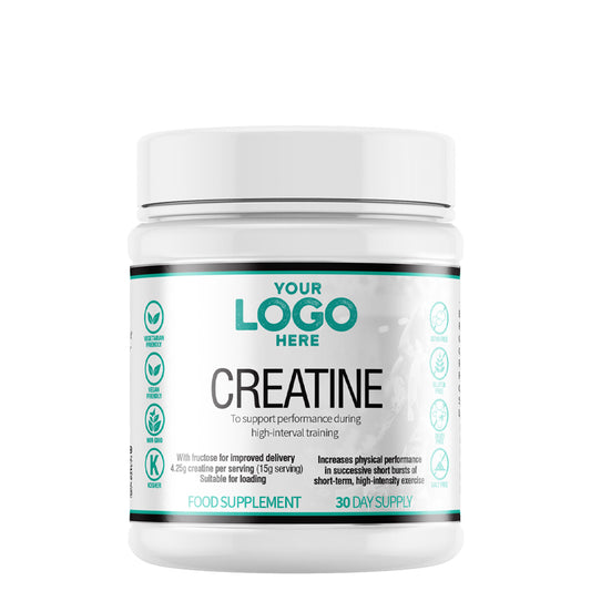 Creatine supplement container with customizable logo on a white background