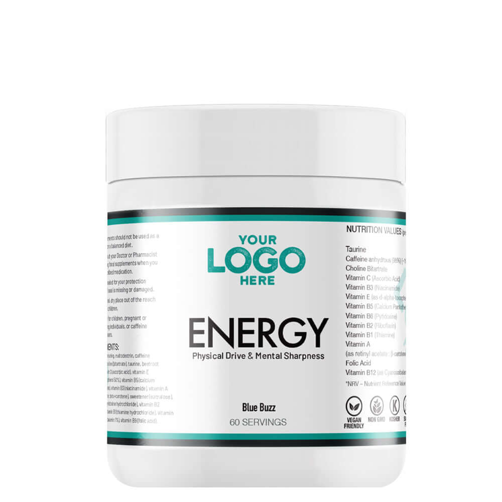 Blue Buzz Energy supplement container with customizable label on a white background