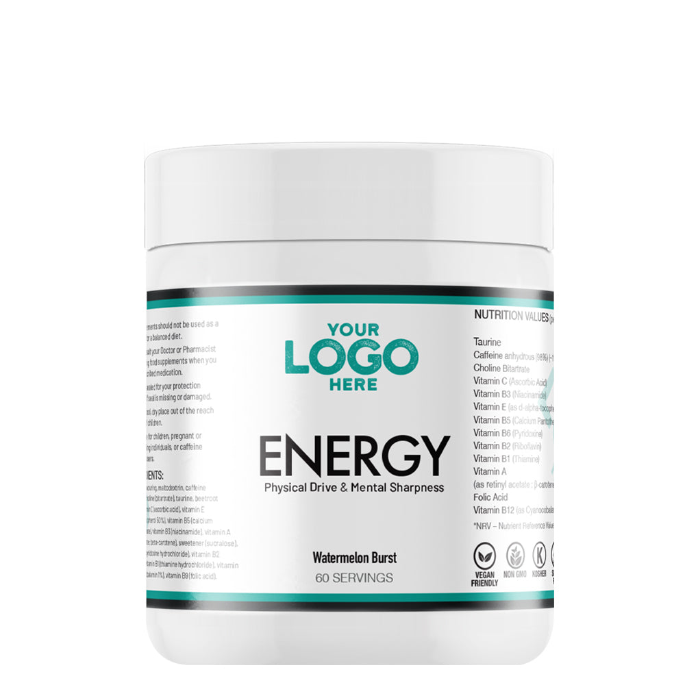 Watermelon Burst Energy supplement container with customizable branding on a white background
