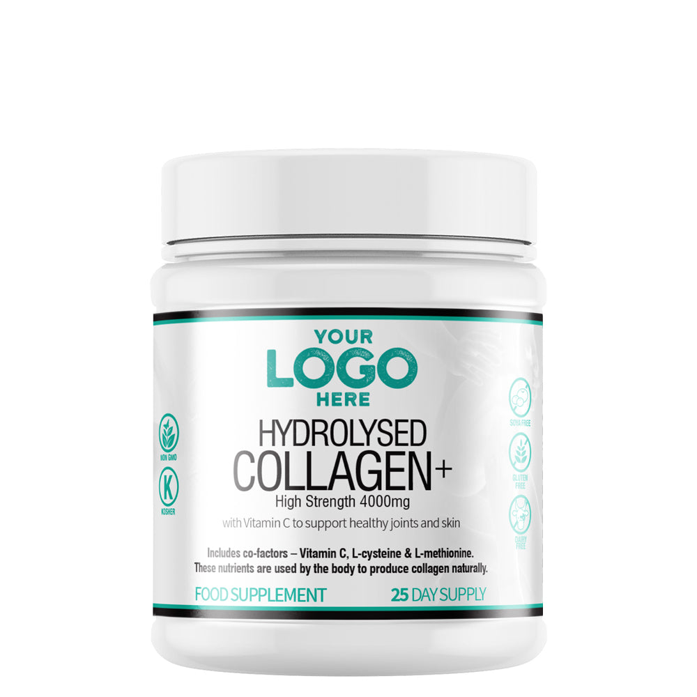 Collagen supplement container with customizable branding on a white background