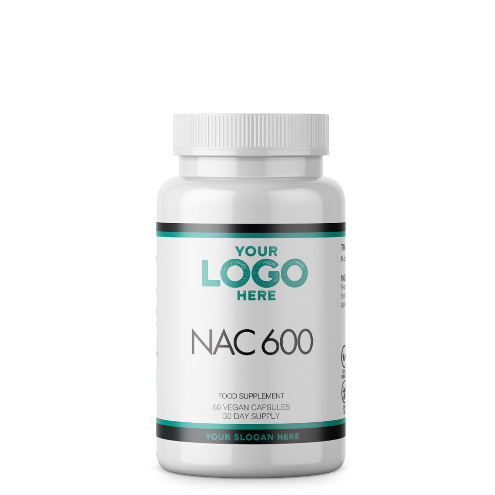 A white plastic bottle of Private Label NAC 600 food supplement capsules.