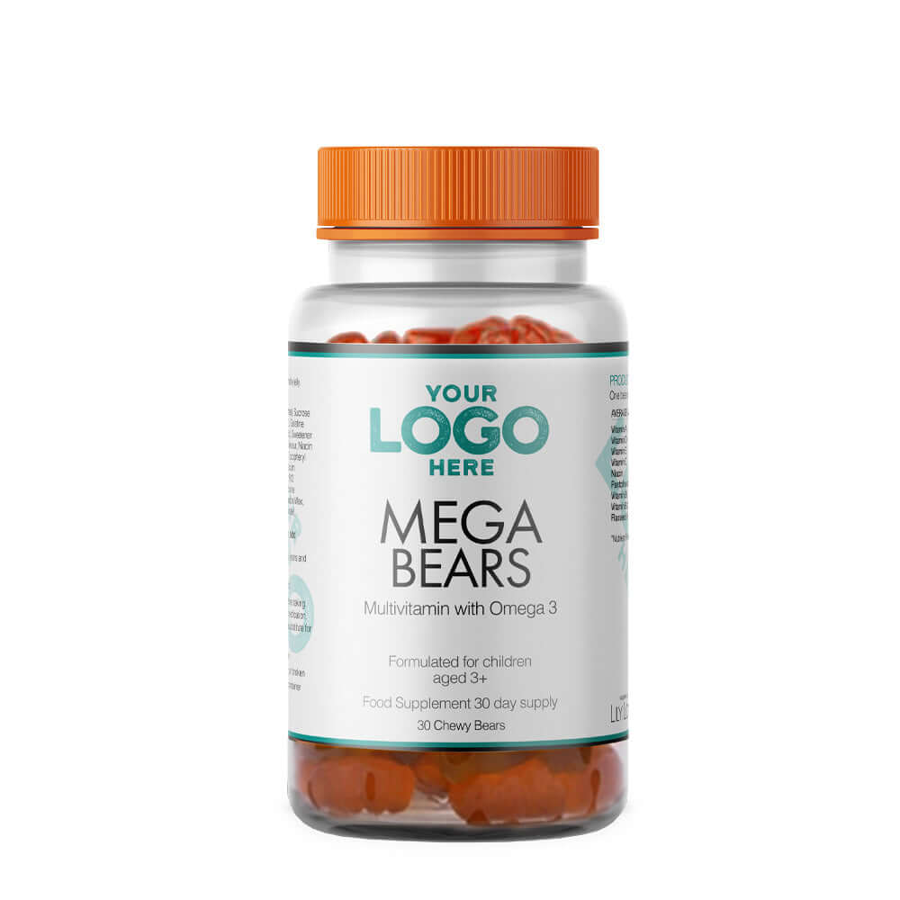 Private label Mega Bears children’s multivitamin with Omega 3, 30 chewy bears bottle for 30-day supply