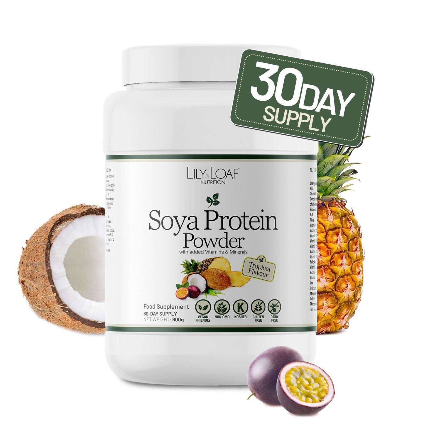 Lily & Loaf Soya Protein Powder container with tropical fruits on a white background with 30 Day Supply icon