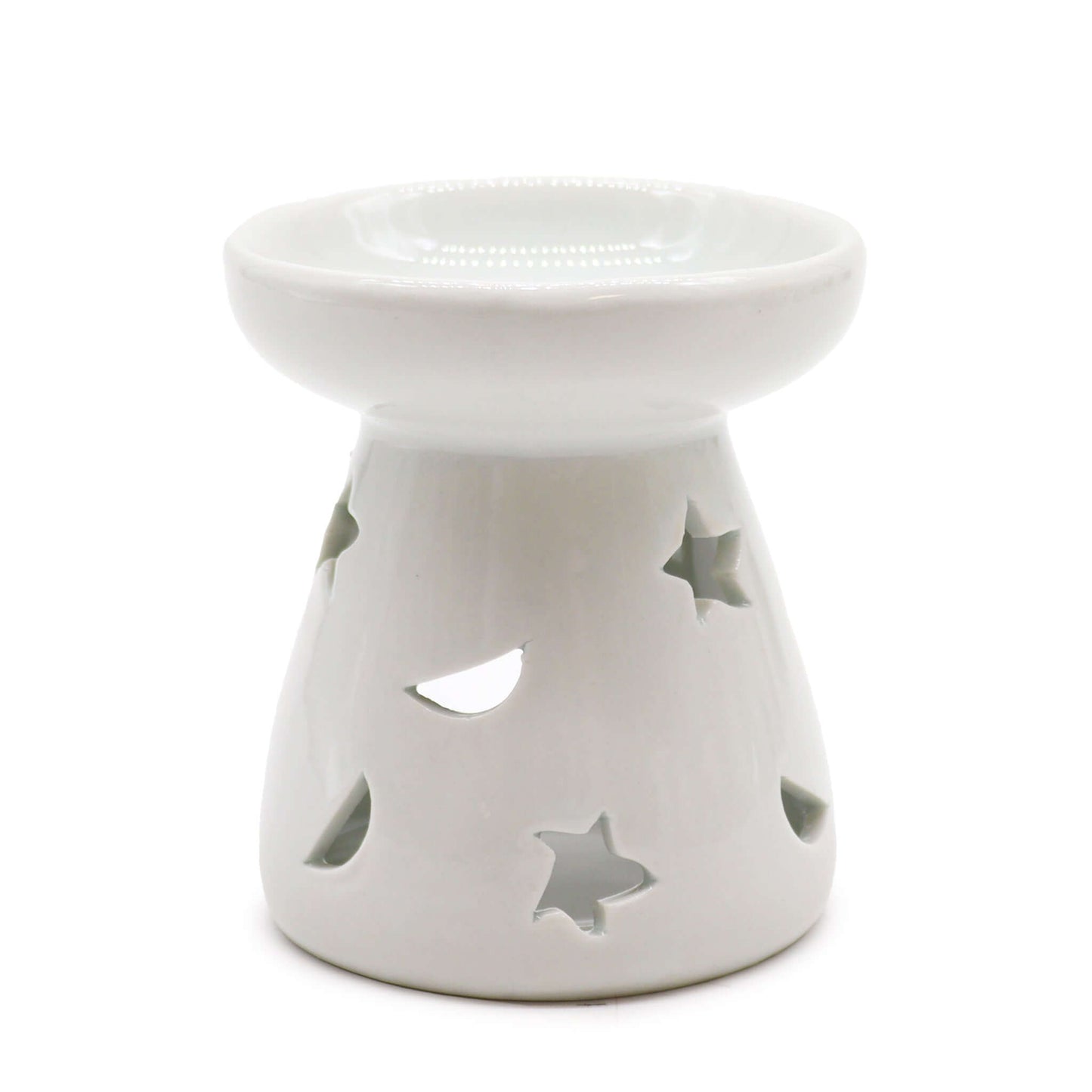 Small white moon and star oil burner - front
