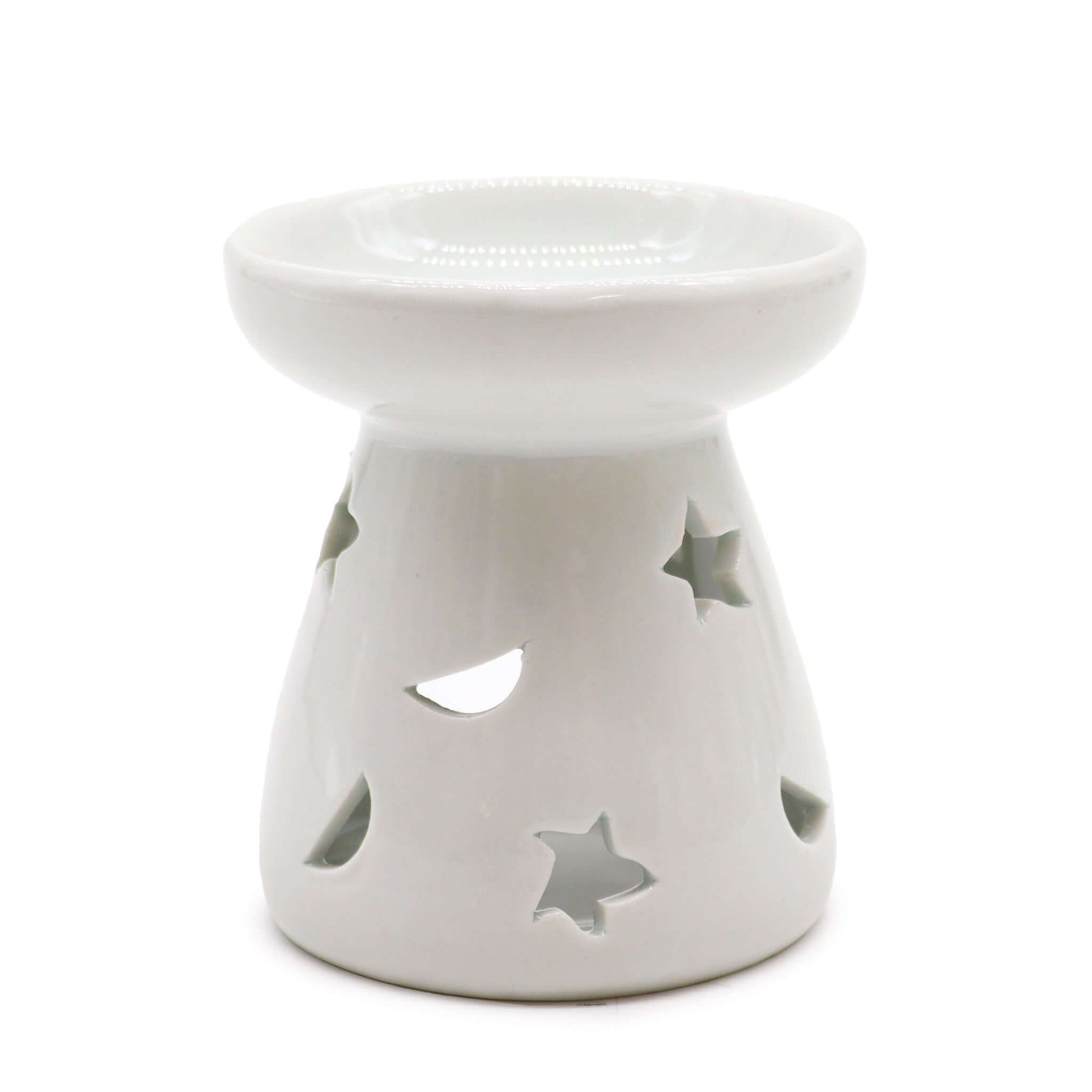 Small white moon and star oil burner - front