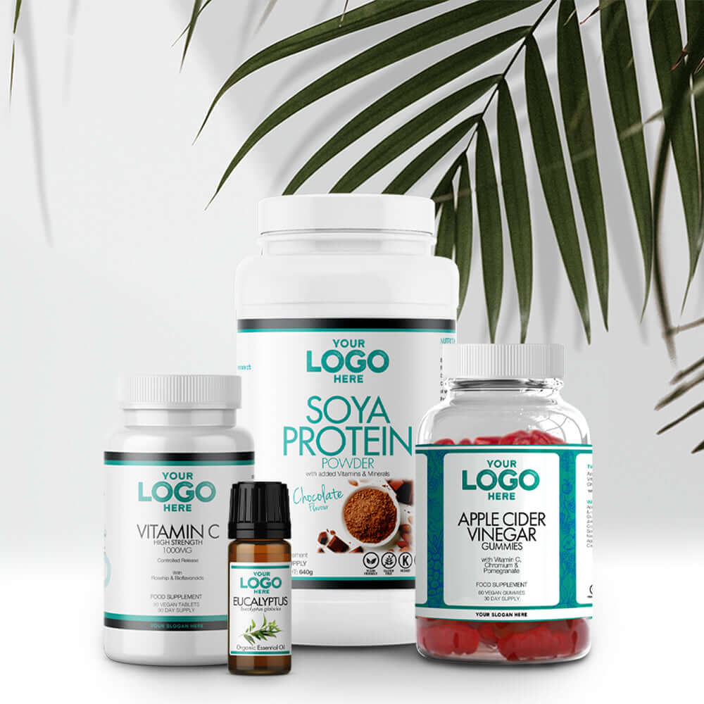 A selection of private label products with fern leaves in the background
