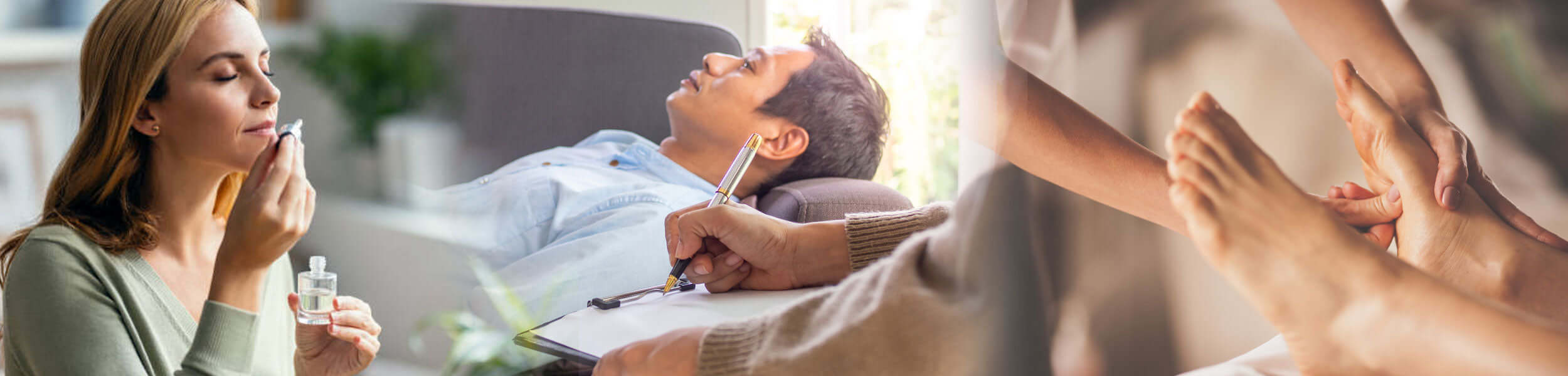 A selection of images featuring an aromatherapist, massage therapist and hypnotherapist