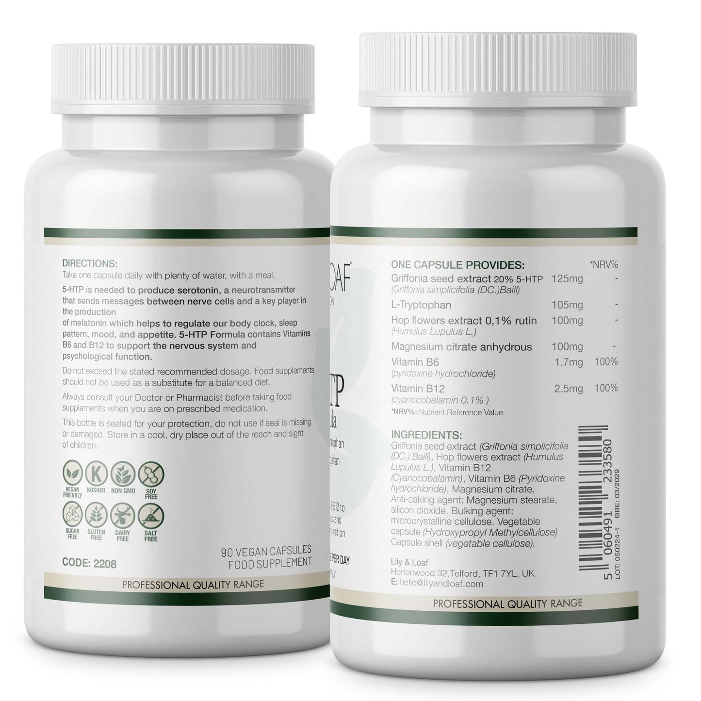 Lily & Loaf Nutrition 5-HTP label with ingredients and nutrition profile