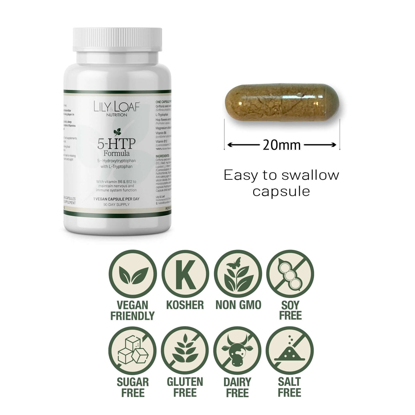 5 HTP with L-Tryptophan allergen information and size