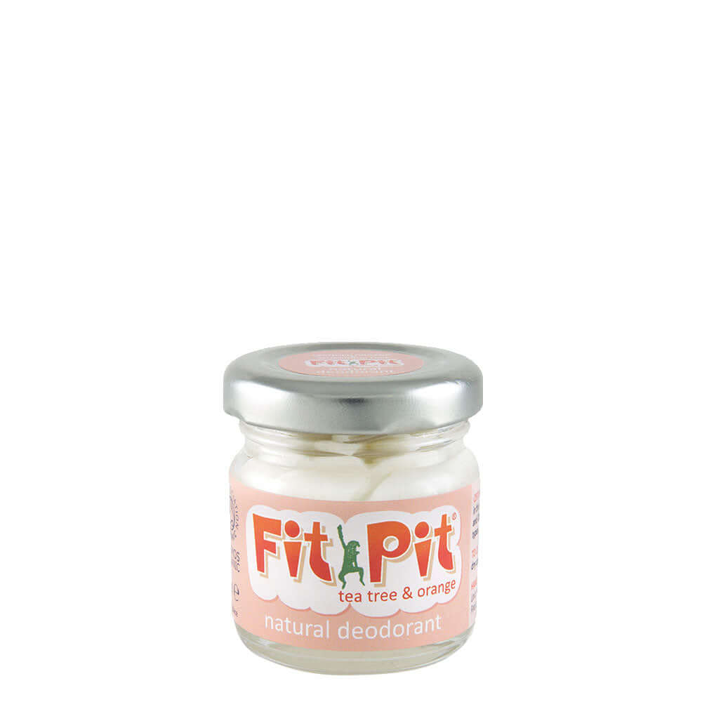 A jar of Fit Pit natural deodorant with tea tree and orange, aluminium-free, parabens-free, BPA-free, suitable for vegetarians and vegans.