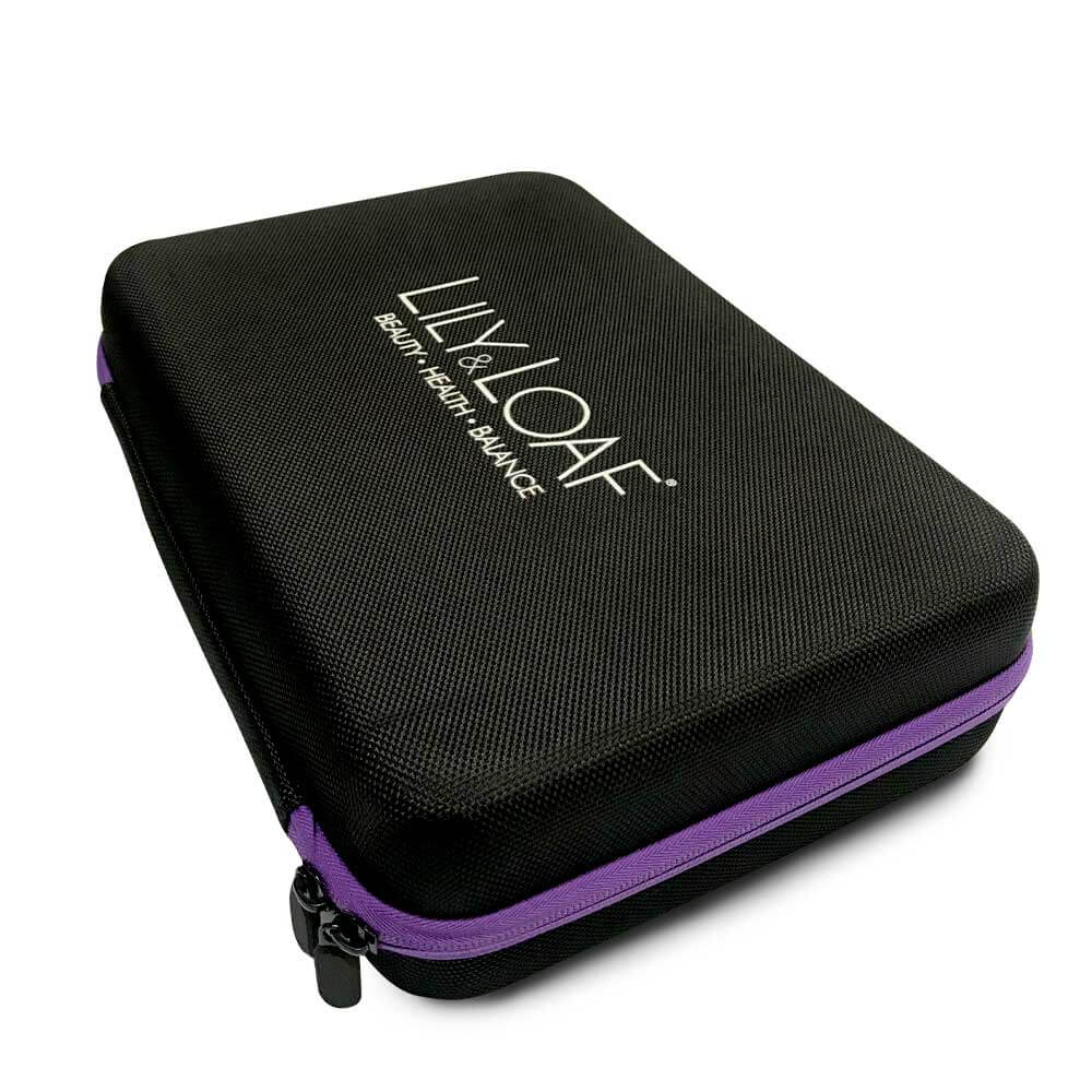 Lily & Loaf branded hard case for kinesiology kit with black textured surface and purple zipper