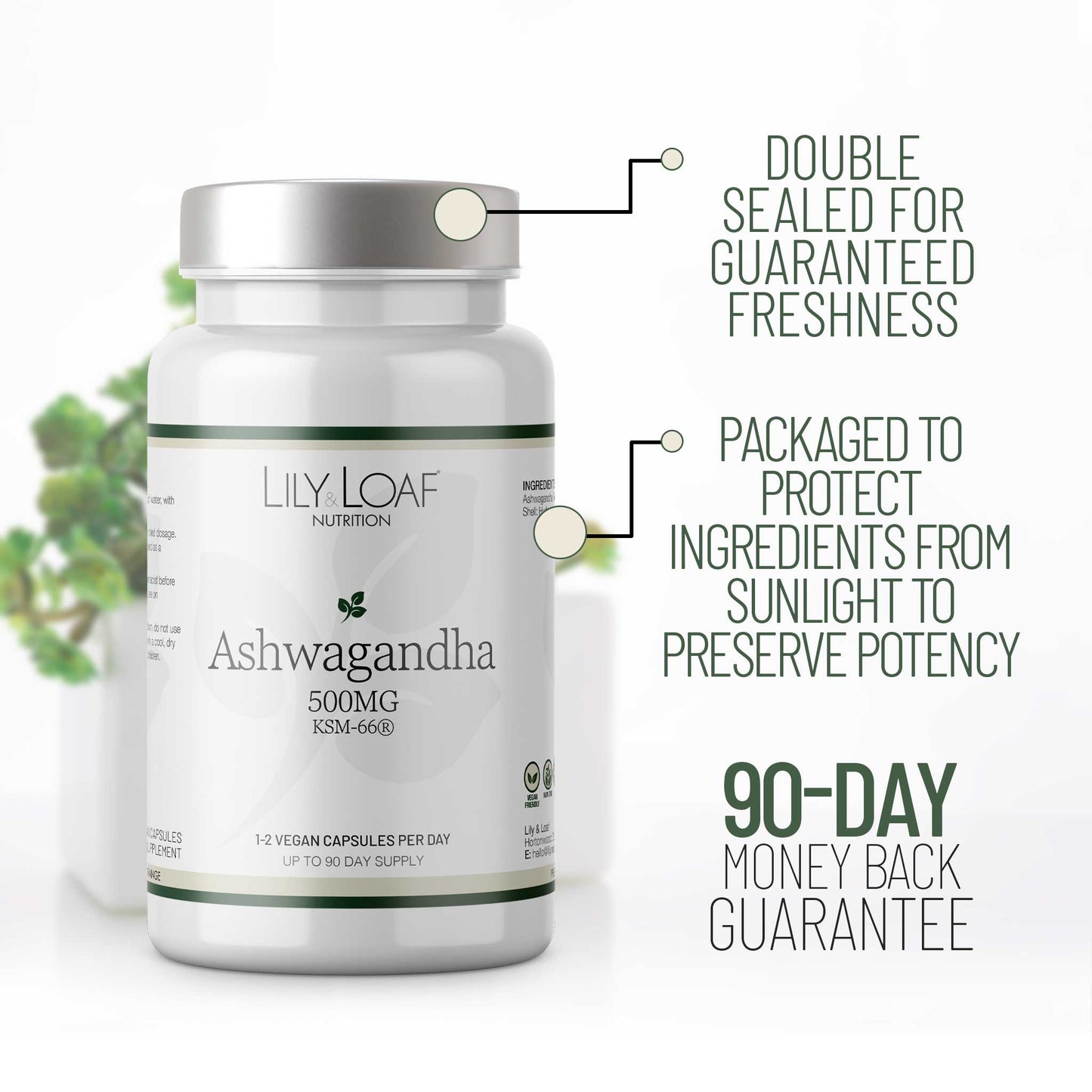Ashwagandha packaging information and 90-day guarantee