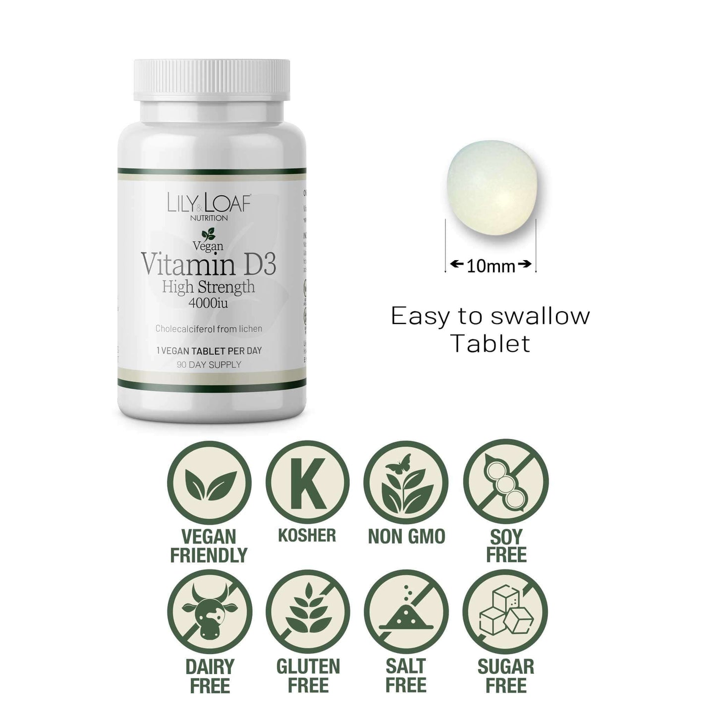 Vitamin D3 tablet size and allergen free symbols
