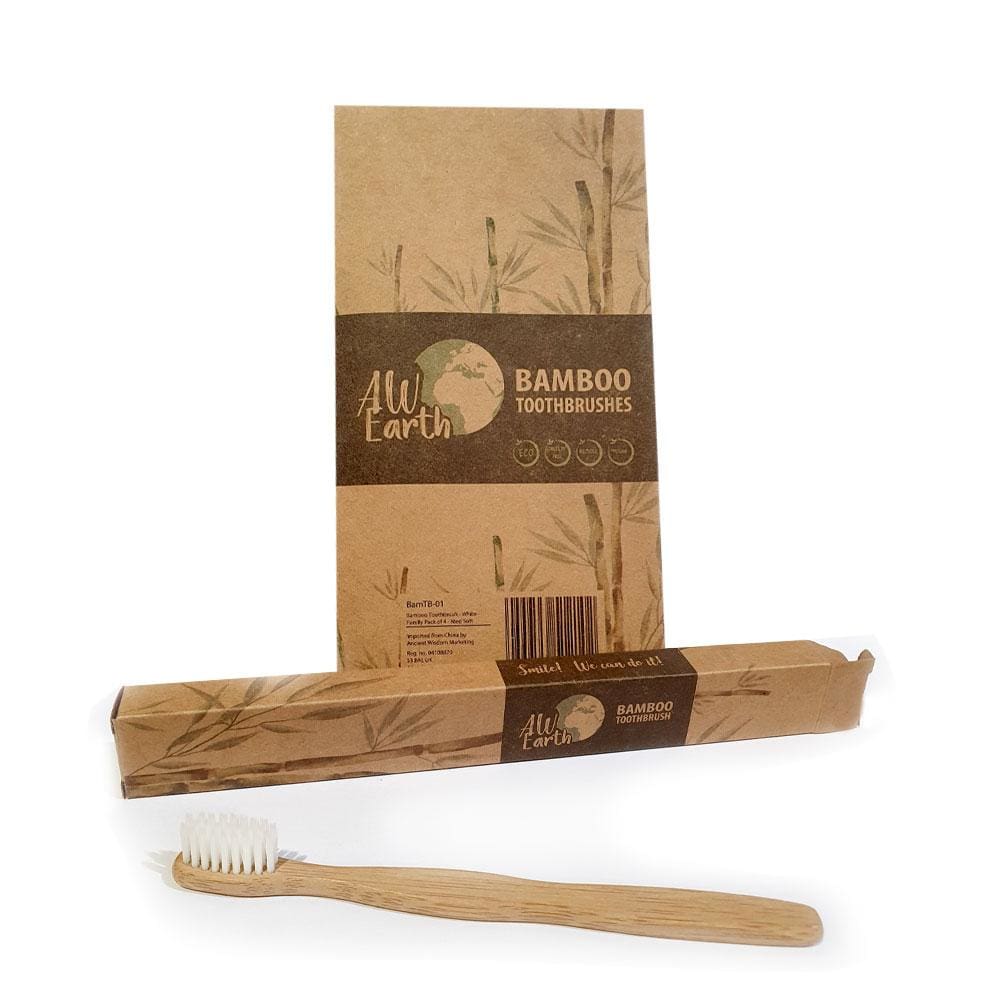 Eco-friendly bamboo toothbrush with white bristles, brown bamboo handle, and natural brown cardboard packaging with All Earth branding and bamboo illustrations