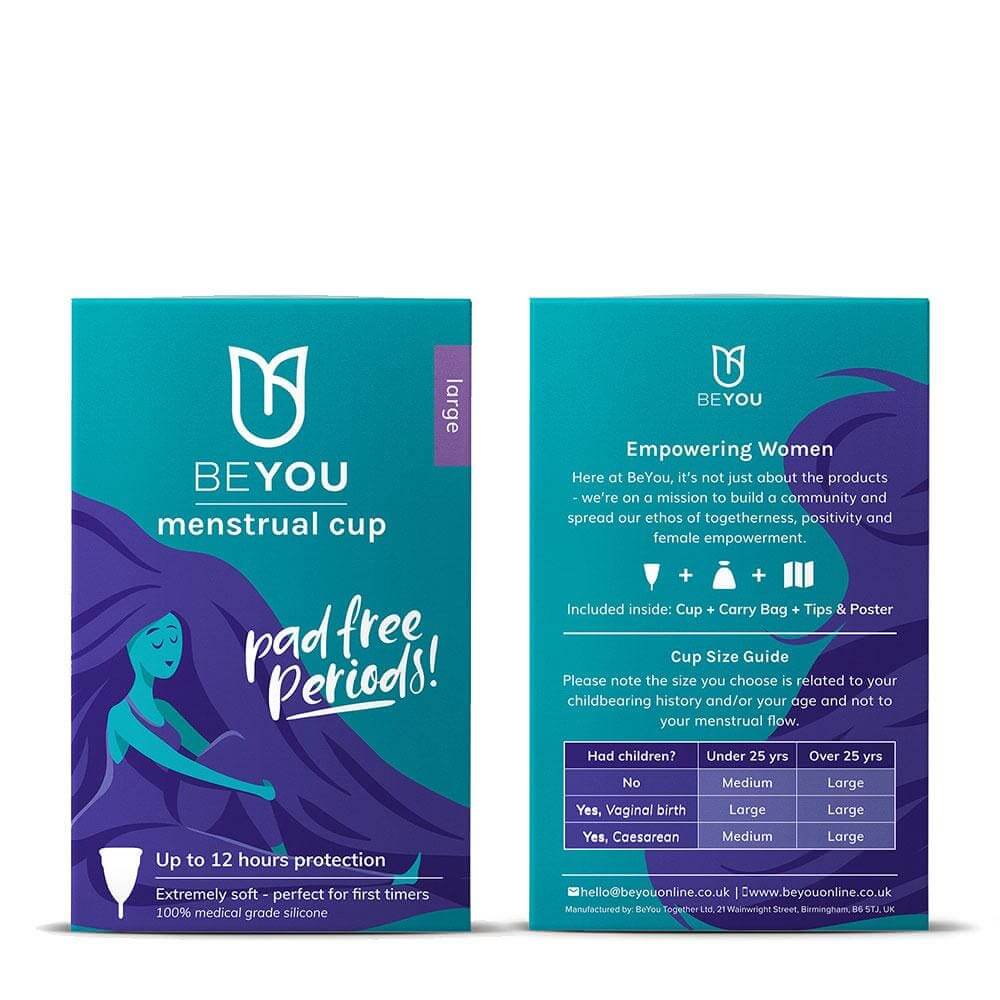Front and back packaging of BeYou menstrual cup showing product details, empowerment message, contents, and a size guide based on age and childbirth history.