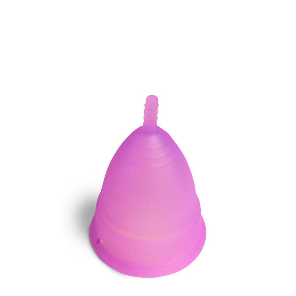 Pink BeYou menstrual cup made from soft, medical-grade silicone with a flexible stem and measurement markings