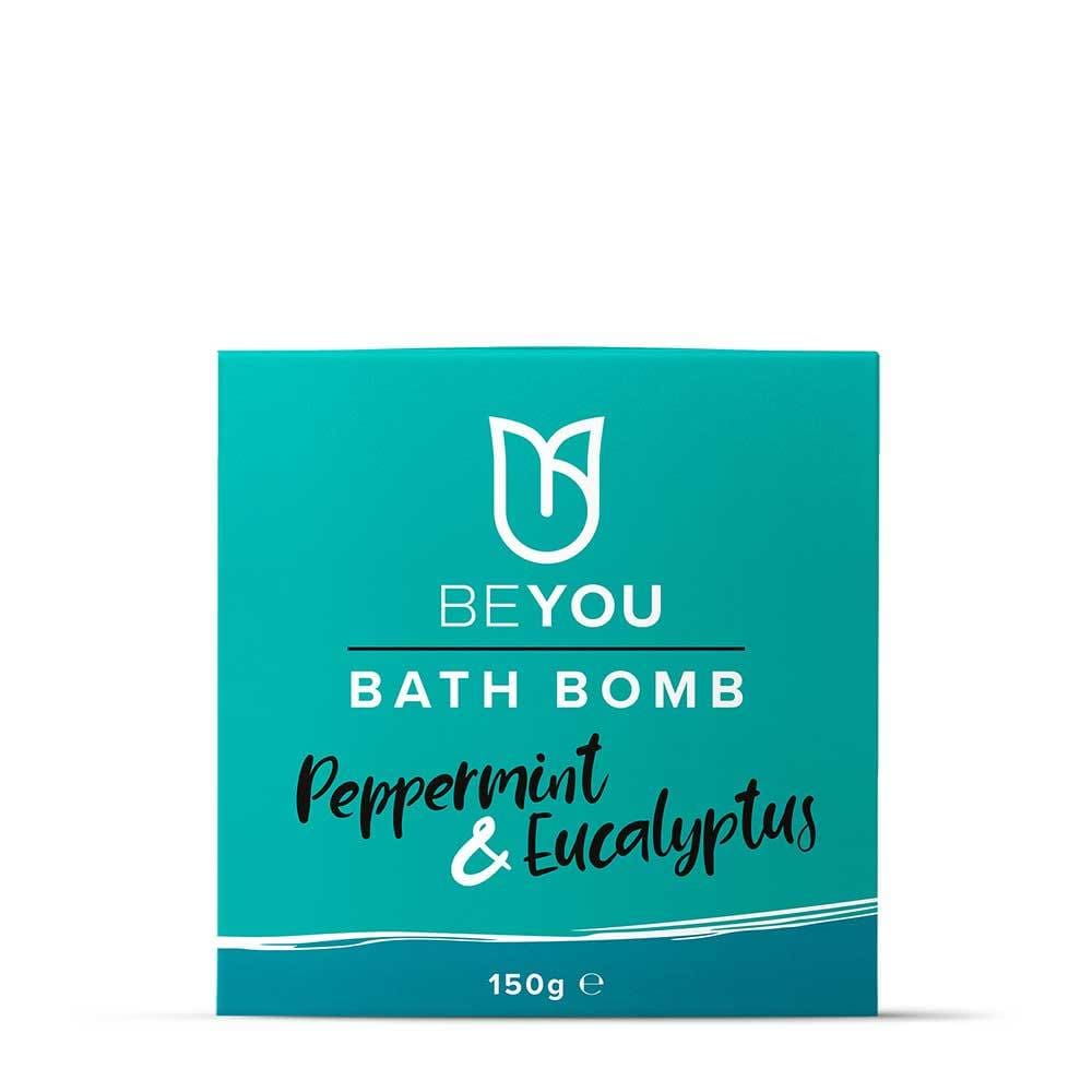 BeYou Peppermint & Eucalyptus Bath Bomb 150g in teal packaging with bold white and black text