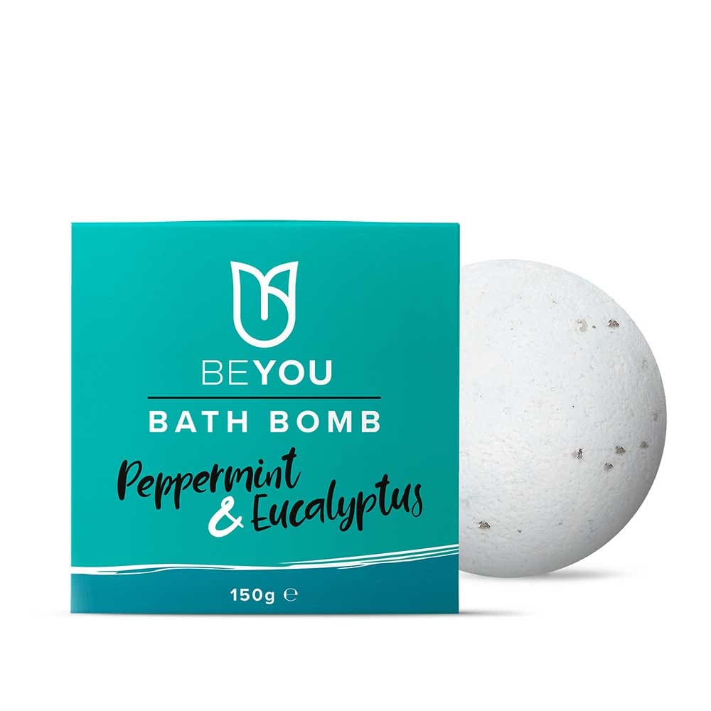 BeYou Peppermint & Eucalyptus Bath Bomb with teal packaging and white bath bomb, 150g size