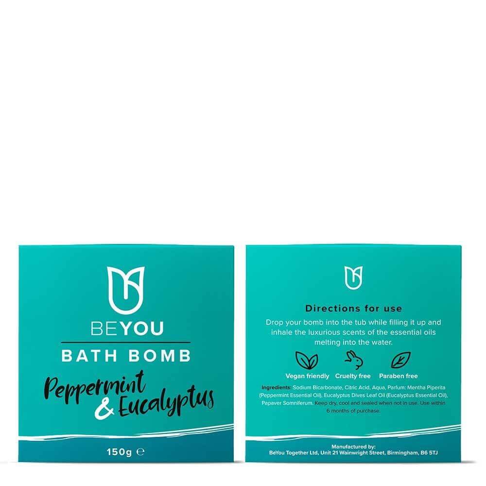 Front and back packaging of BeYou Peppermint & Eucalyptus Bath Bomb, highlighting vegan, cruelty-free, and paraben-free claims with directions and ingredients