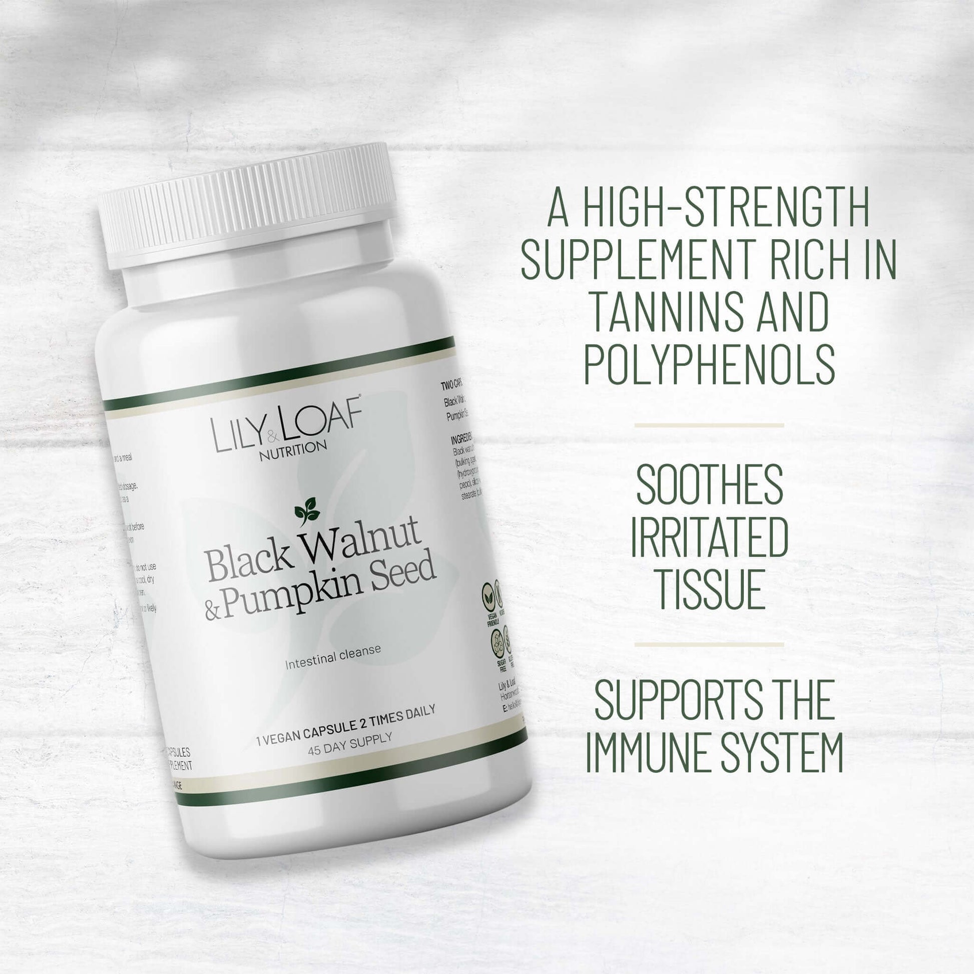 Lily & Loaf Black Walnut & Pumpkin Seed bottle with benefits listed: rich in tannins and polyphenols, soothes tissue, supports immune system.