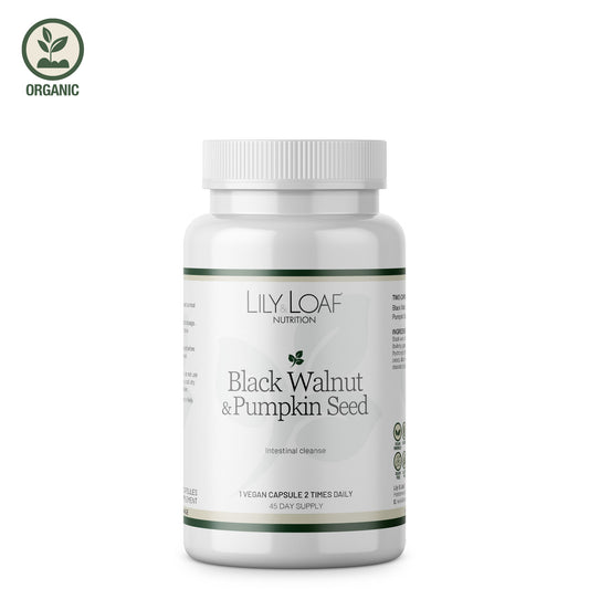 Lily & Loaf Black Walnut & Pumpkin Seed supplement bottle, labelled for intestinal cleanse with 45-day supply of vegan capsules