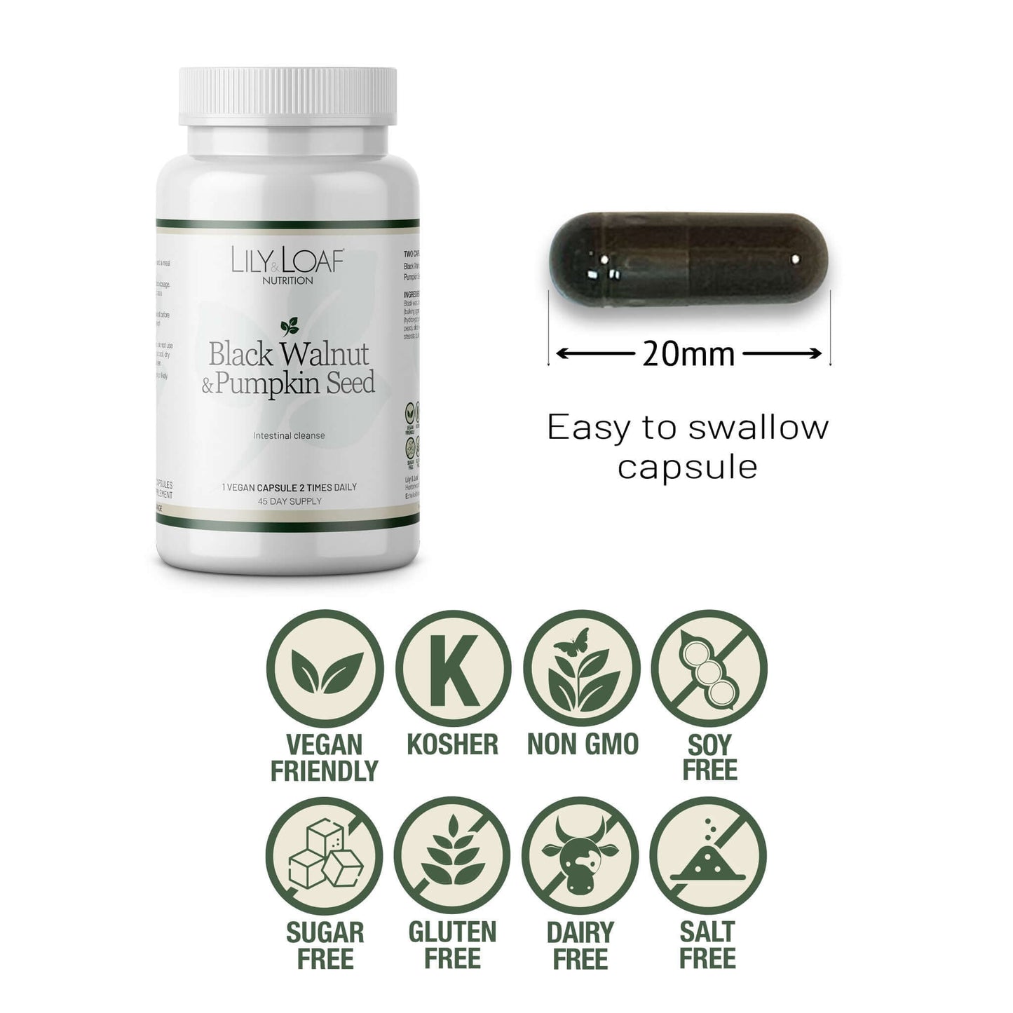 Lily & Loaf Black Walnut & Pumpkin Seed supplement bottle with easy-to-swallow 20mm capsule and icons indicating vegan friendly, kosher, non-GMO, soy free, sugar free, gluten free, dairy free, and salt free.