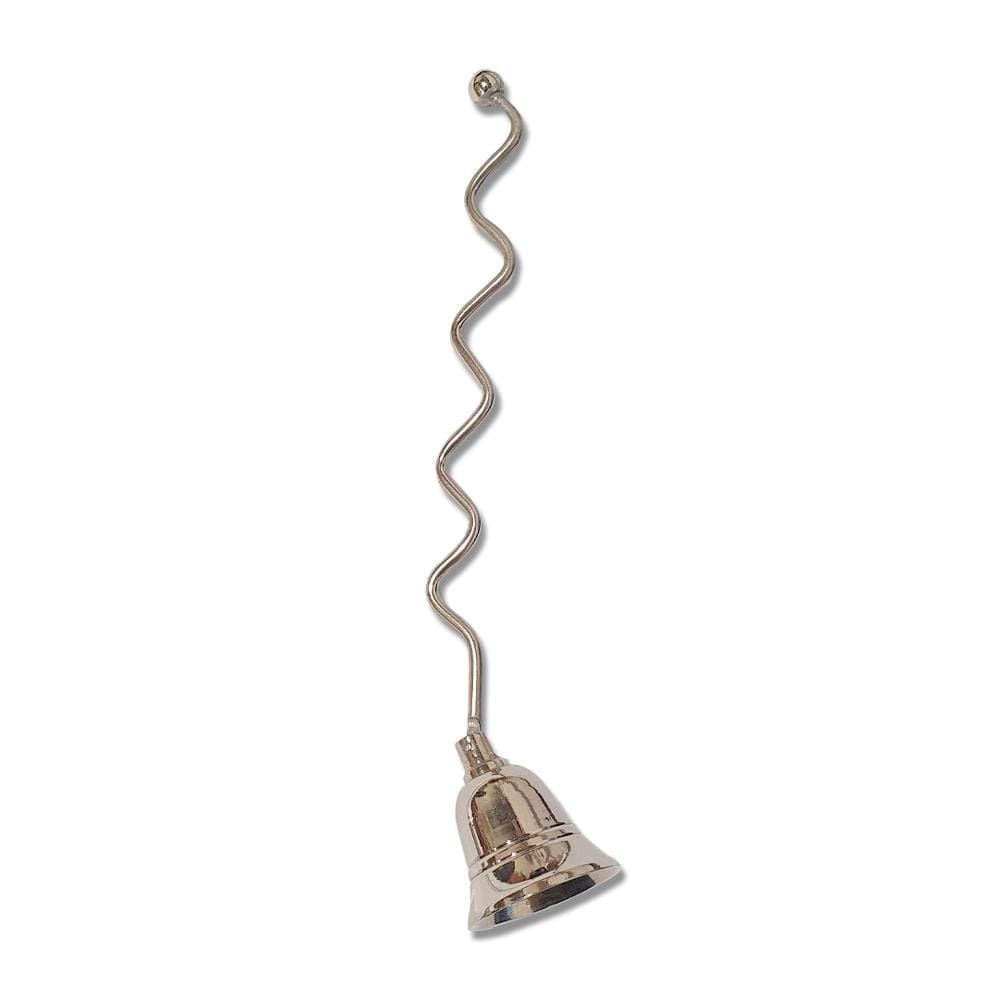 Full view of a silver candle snuffer with a decorative wavy handle and bell-shaped head