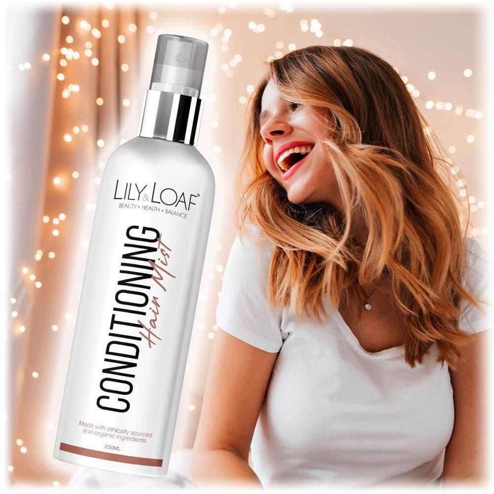 Lily & Loaf Conditioning Hair Mist bottle beside a smiling woman with shiny, healthy hair.