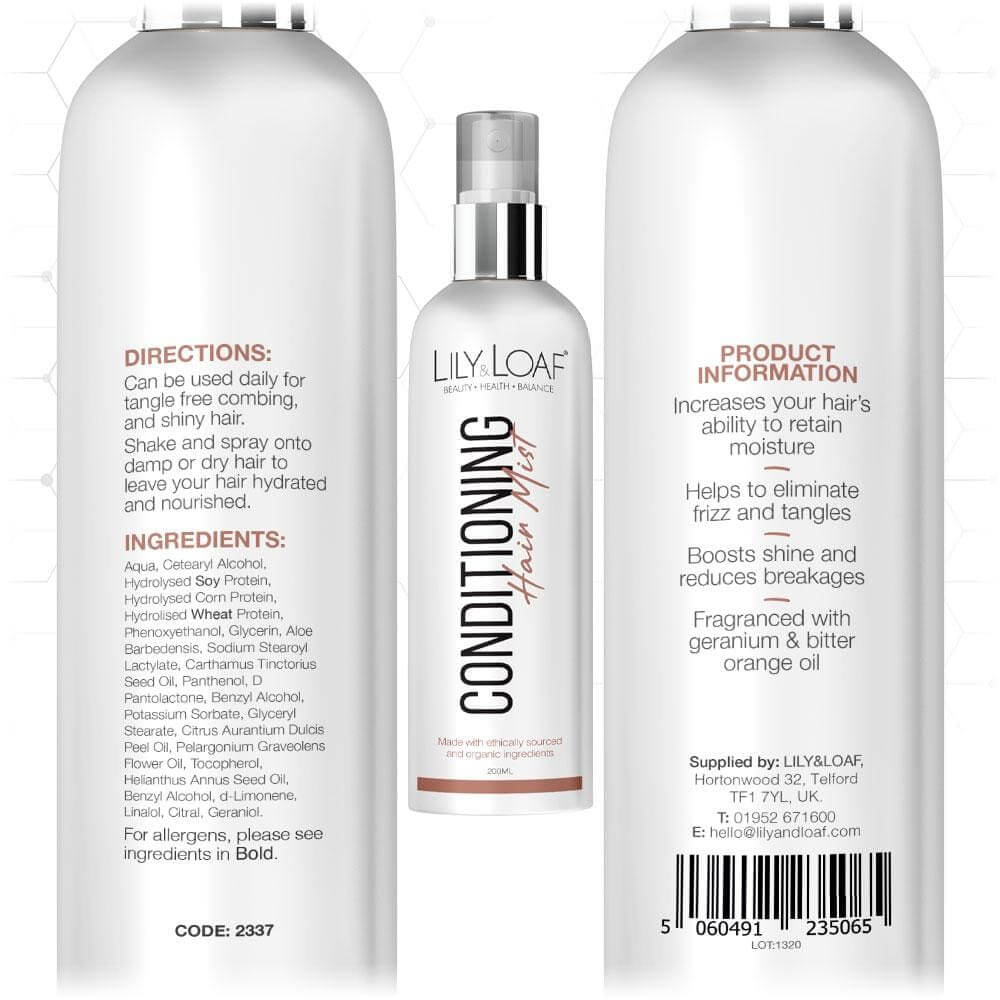 Lily & Loaf Conditioning Hair Mist label with directions, ingredients, and product benefits for frizz-free, shiny hair.
