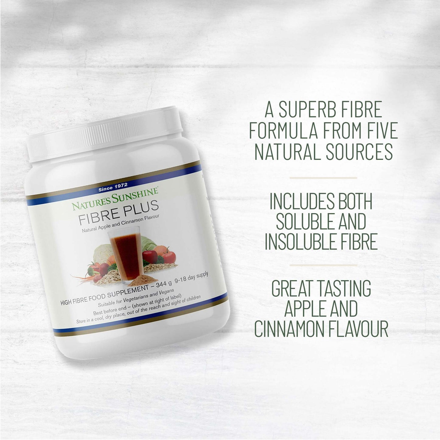 Nature’s Sunshine Fibre Plus tub with text highlighting fibre from five natural sources, soluble and insoluble fibre, and apple cinnamon flavour