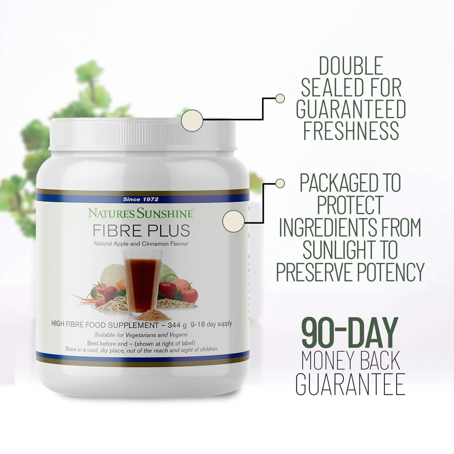 Nature’s Sunshine Fibre Plus tub with natural apple and cinnamon flavour. Features double sealed freshness, packaging protecting ingredients from sunlight, and a 90-day money back guarantee