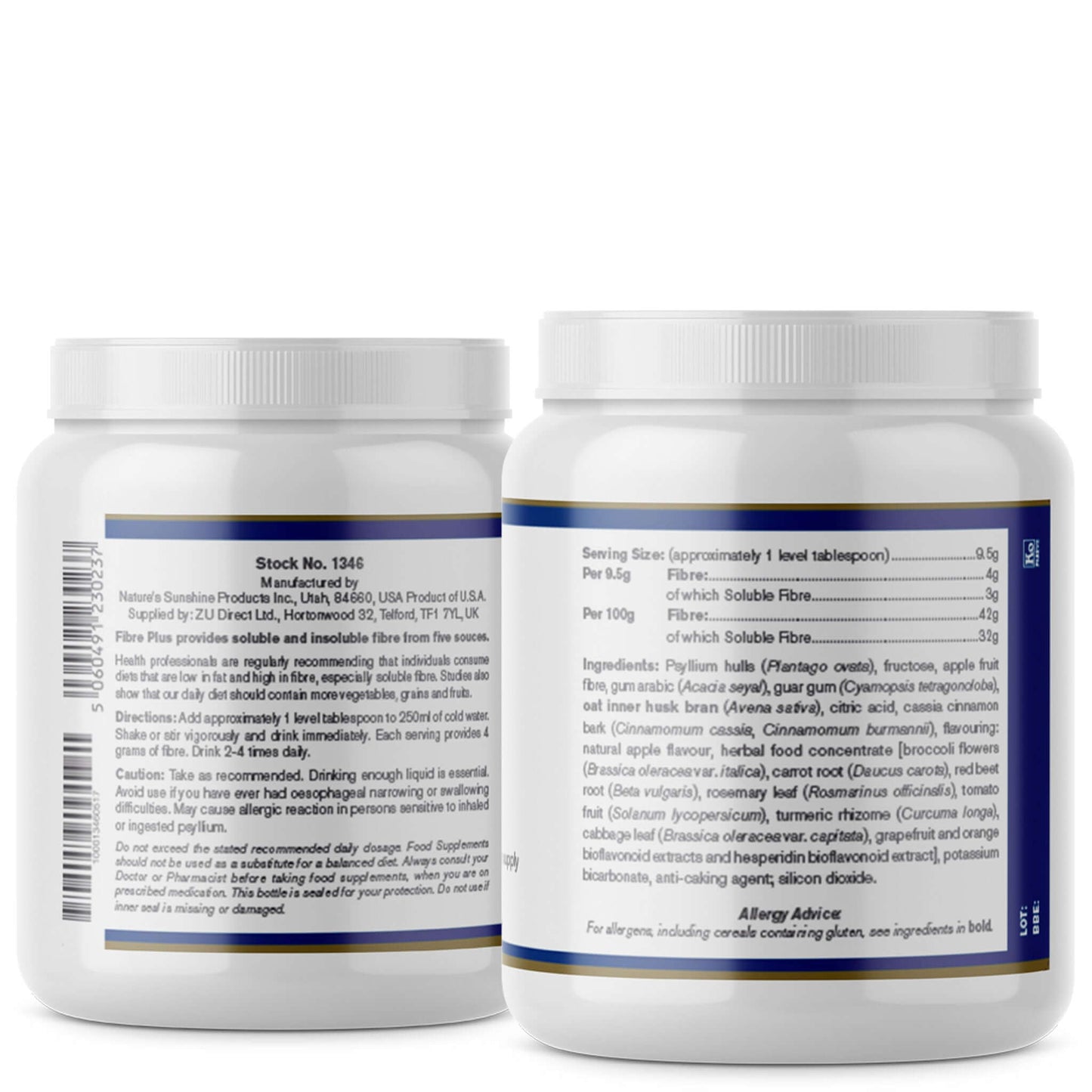Back and side views of Nature’s Sunshine Fibre Plus food supplement tub showing ingredient list, nutritional info, directions, and allergy advice