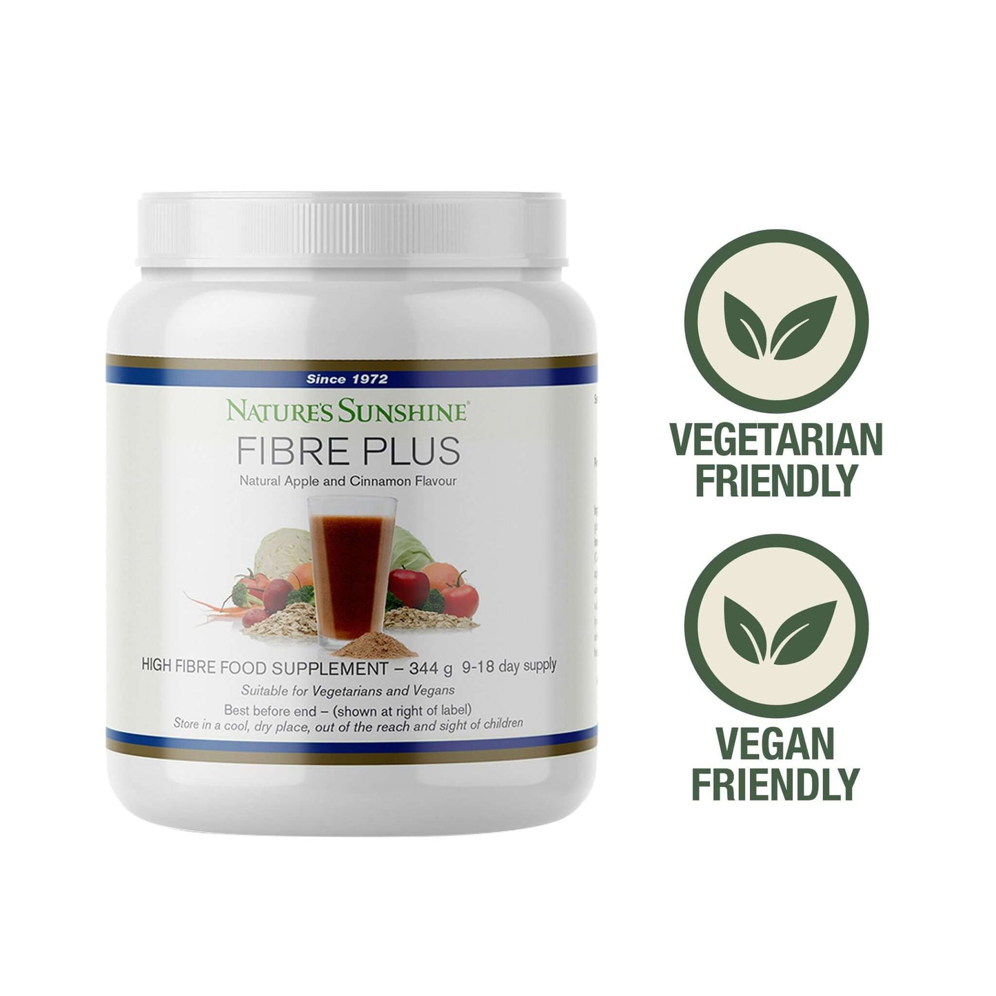 Nature’s Sunshine Fibre Plus tub with natural apple and cinnamon flavour. Vegetarian and vegan friendly logos with leaf icons.