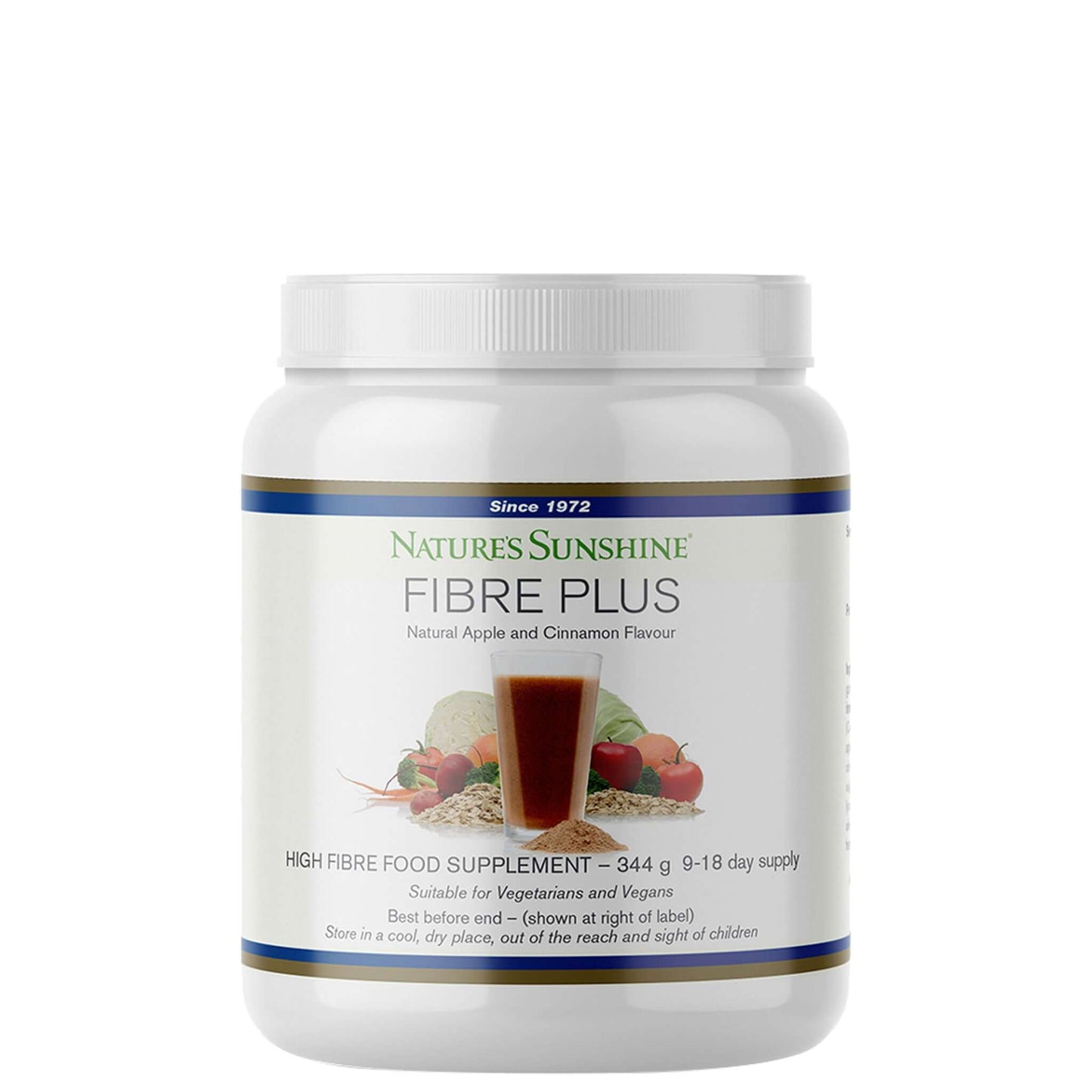 Nature's Sunshine Fibre Plus natural apple and cinnamon flavoured high fibre food supplement in a white tub, 344g, suitable for vegetarians and vegans