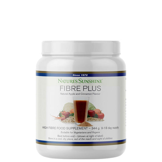 Nature's Sunshine Fibre Plus natural apple and cinnamon flavoured high fibre food supplement in a white tub, 344g, suitable for vegetarians and vegans