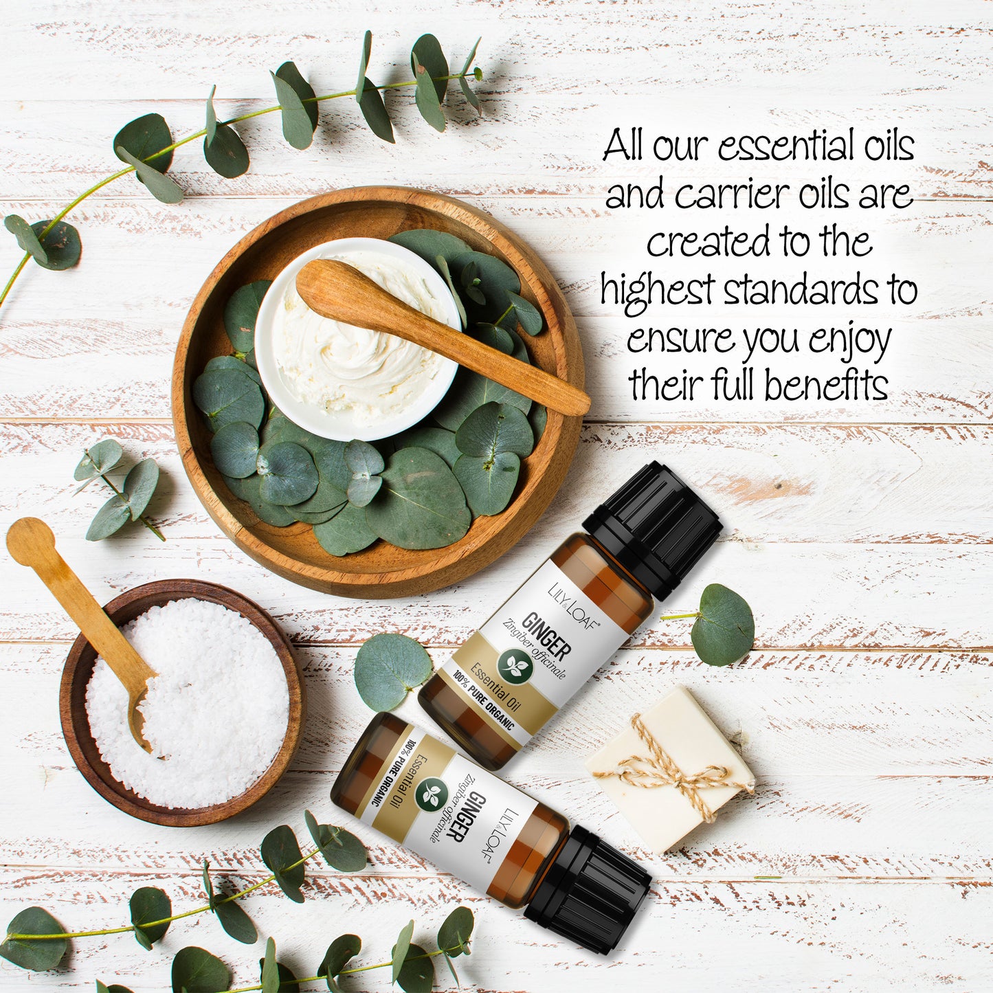 Two Lily & Loaf Ginger Organic Essential Oil bottles with natural ingredients and text about high standards and full benefits