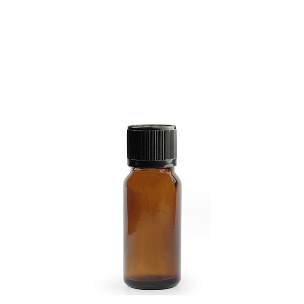 10ml amber glass bottle with black screw cap on white background