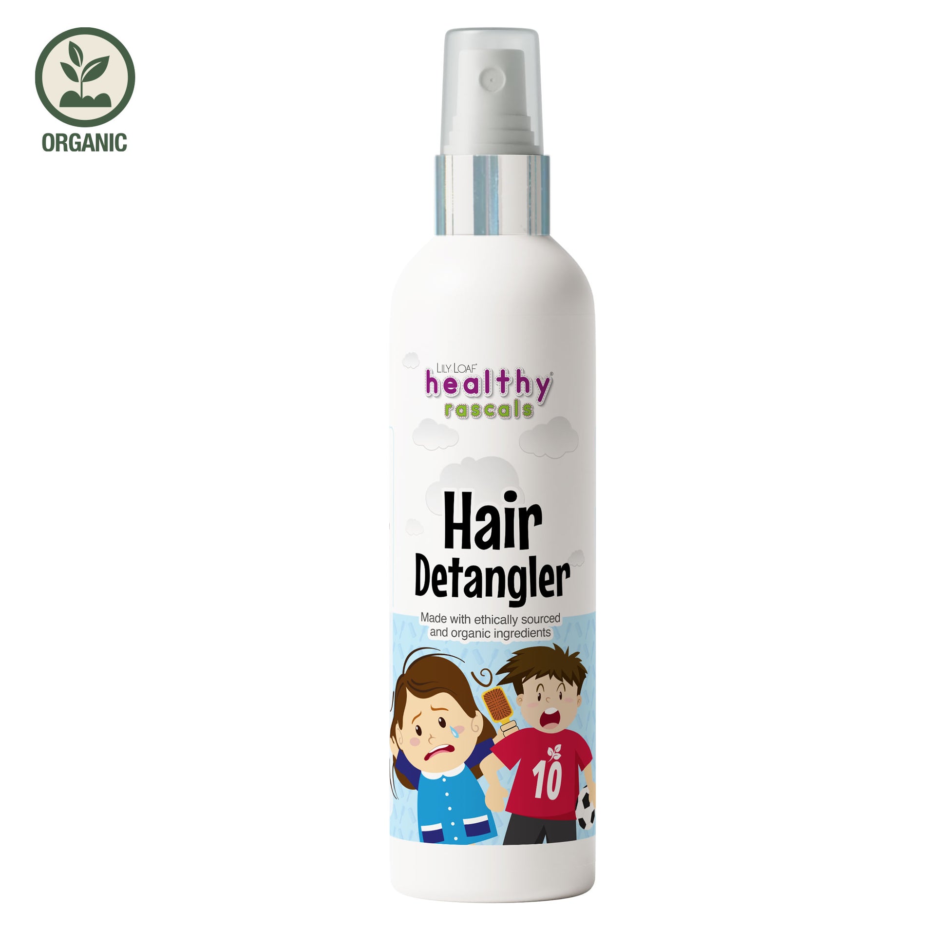 Healthy Rascals Hair Detangler spray bottle with cartoon kids, made with ethically sourced organic ingredients.